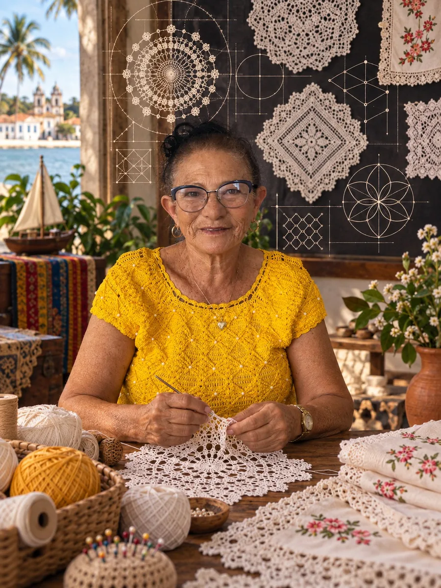Cleonis, bordadeira de 72 anos, com décadas de ofício dedicados ao bordado artesanal na Casa dos Bordados no Maranhão.
